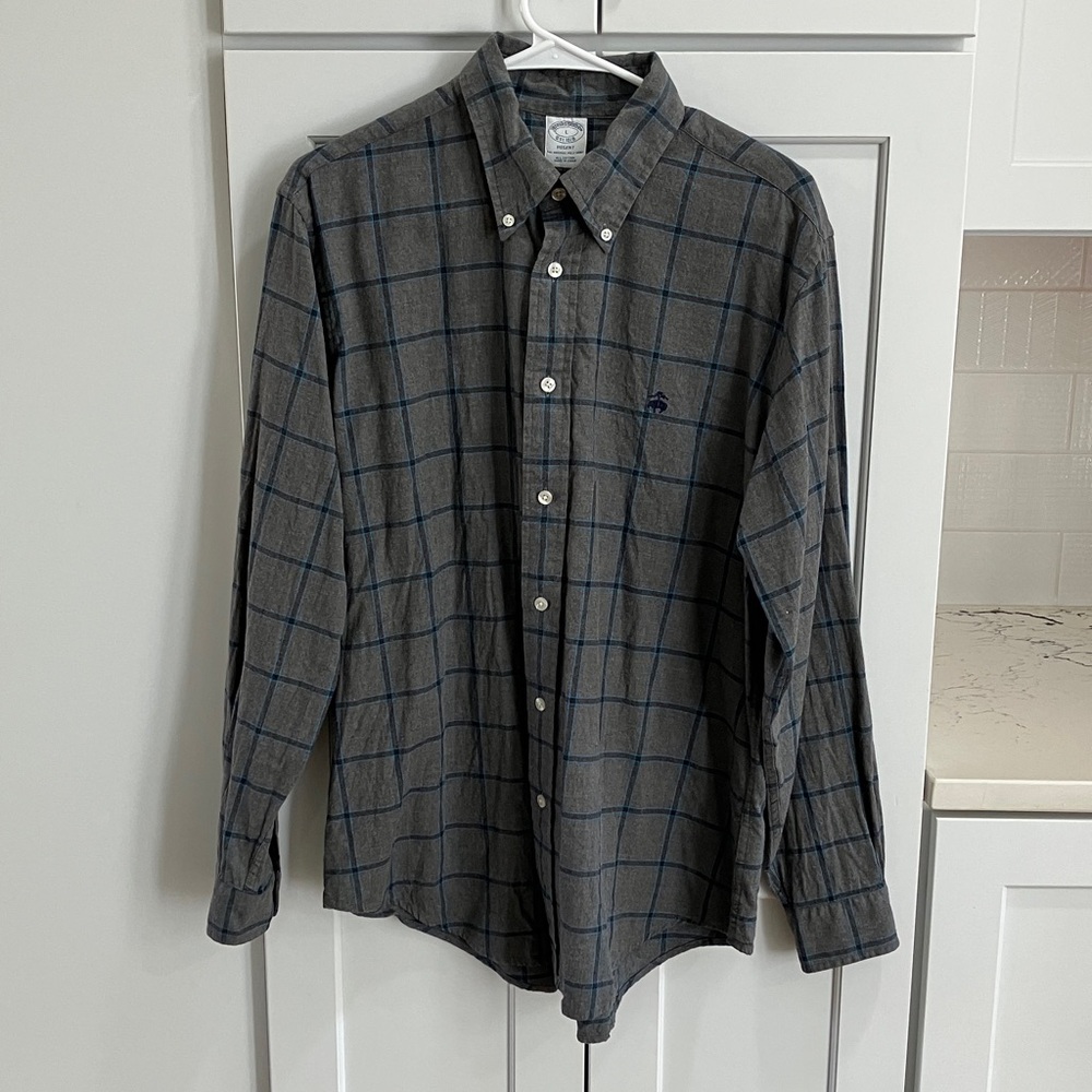 Brooks Brothers Regent Men's Cotton Gray Plaid Long Sleeve Button Down Shirt